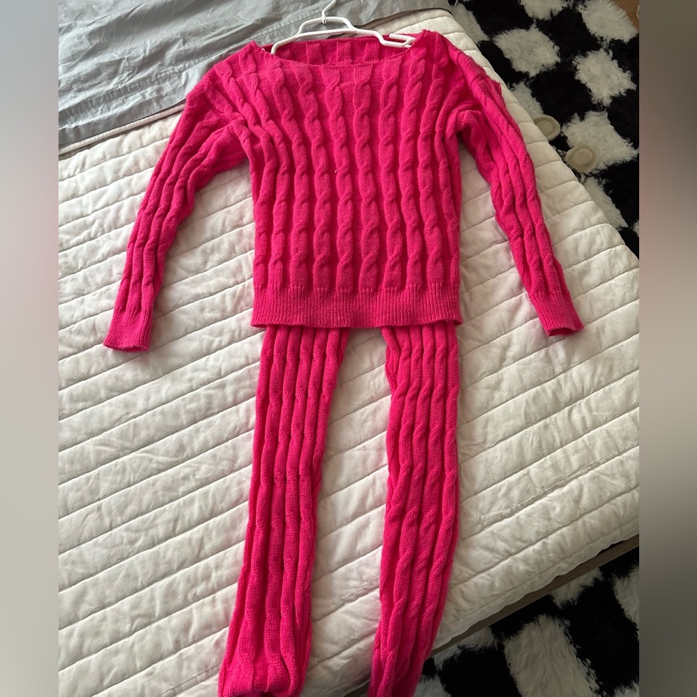 Vibrant Pink Cable Knit Sweater and Pants Set
